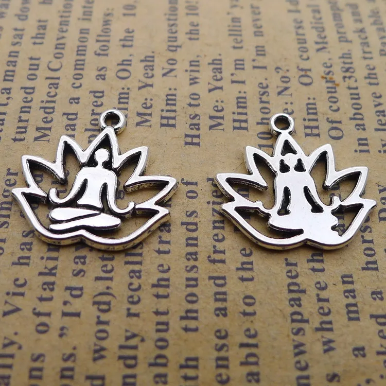 20pcs/Lot 17x18mm Antique Silver Color Hollow Buddhist Lotus Yoga Charms Pendant For Jewelry Making DIY Jewelry Findings