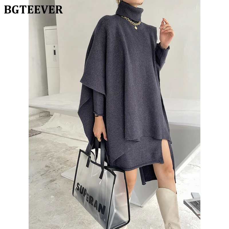 BGTEEVER Winter Chic Women 2 Pieces Knitted Set Turtleneck Irregular Pullovers & Long Sleeve Loose Sweater Dress vestidos