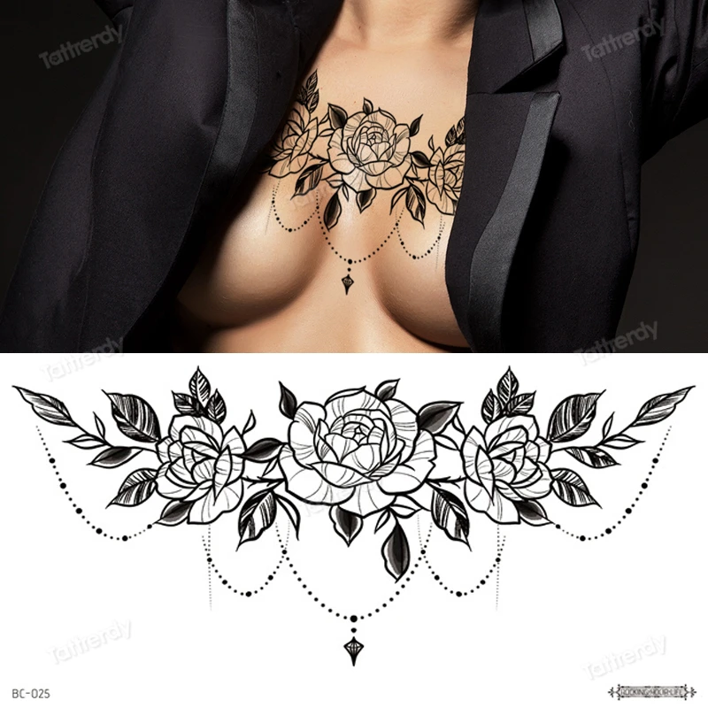 body jewel sticker Big temporary tattoos black henna lace sternum tattoo chest waterdecal flowers rose peonies mandala pattern