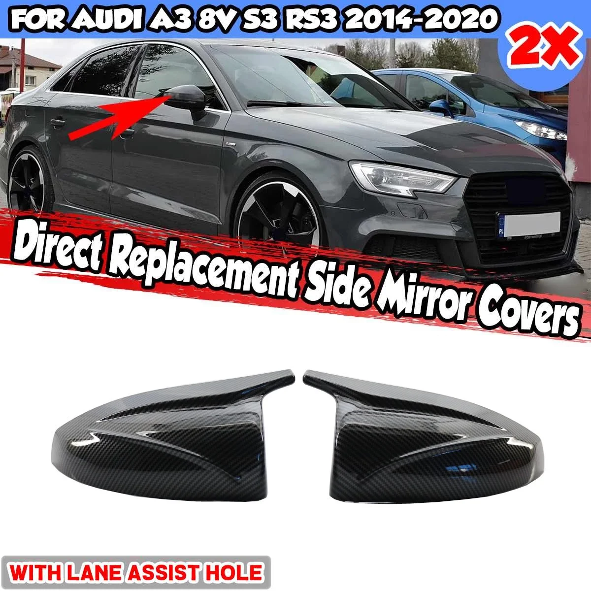 1 Pair Carbon Look Car Side Rearview Mirror Cap Cover Rear View Mirror Direct For Audi A3 8V S3 RS3 14-20 With Lane Assist Hole