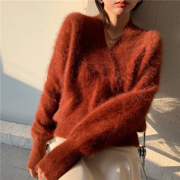 JSXDHK High Senior Luxury Mink Cashmere Women V Neck Pullovers Elegant Winter Mohair Knitted Thick Soft White Loose Sweaters