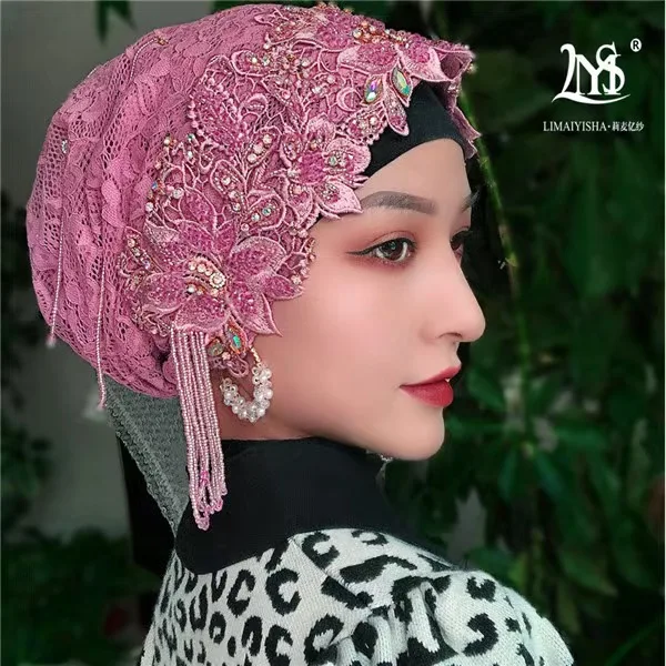 

Luxury Wedding Muslim Scarf Women Beading Tassels Hijab Caps