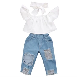 US Stock Fashion Toddler Girls Kids 2-6 Years Clothes Set Off Shoulder Tops Denim Pants Jeans Outfits Set Clothes 1-6Y