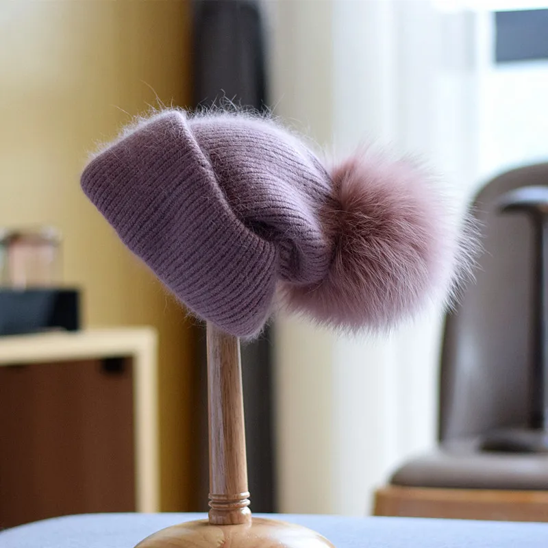 Angora Hat Women Winter Knit Real Fur Pompom Beanie Autumn Warm Skiing Accessory For Outdoors Luxury