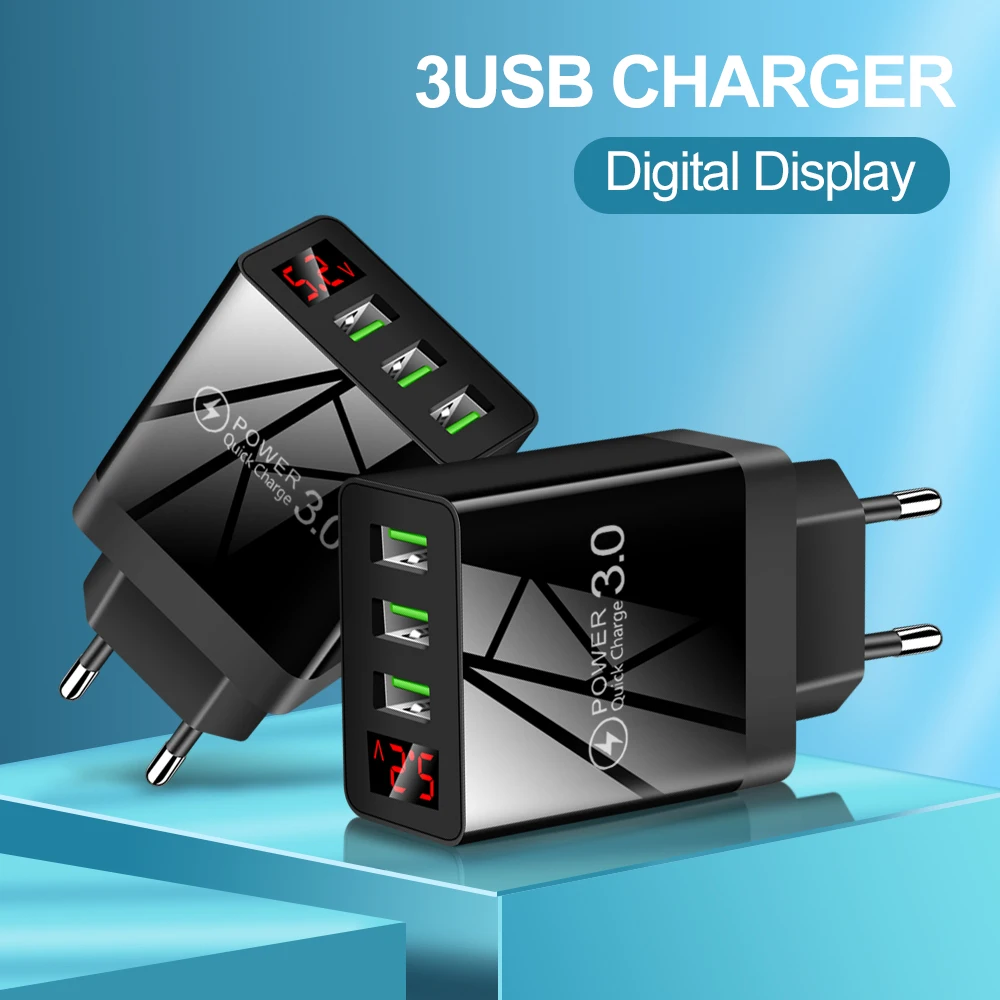 QC3.0 Phone Charger Adapter 3A LED Digital Display Fast Charging For Phone Travel USB Charger Wall EU US Power Adapter Universal