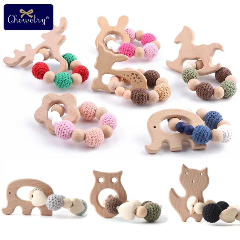 Mordedor de madera Aniaml Sika Deer DIY, pulsera de bebé, sonajeros de madera de haya, cuentas de ganchillo, regalos para niños, productos de