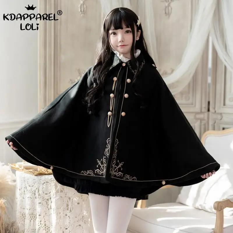 Women Winter Woolen Cloak Black Cape Preppy Style Golden Embroidery Princess Gothic Magic School Students Teens Coat Autumn New