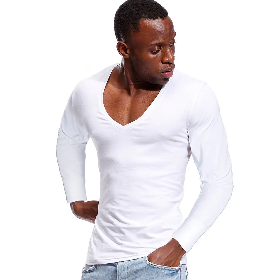 T-shirt męski z głębokim dekoltem w szpic i szerokim kołnierzem Męski T-shirt męski z czystej bawełny Slim Fit z długim rękawem