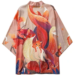 Japanese Yukata Anime Nine Tailed Fox Print Kimono Female Women Asian Clothes Cardigan Shirt Women Traditional Haori Samurai