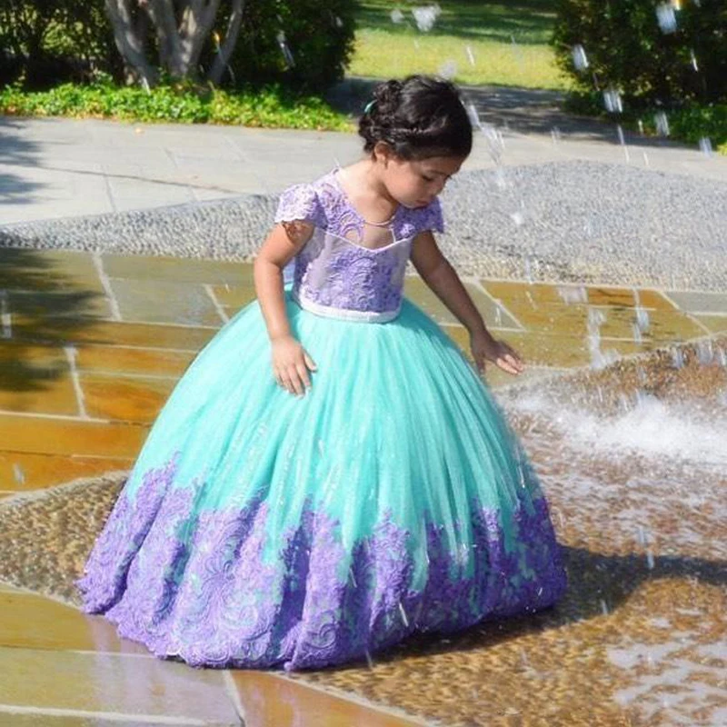 

Charming Purple and Green Ball Gown Flower Girls Dresses O Neck Cap Sleeve Bow Tie Holy Communion Dress Toddler Party Gown