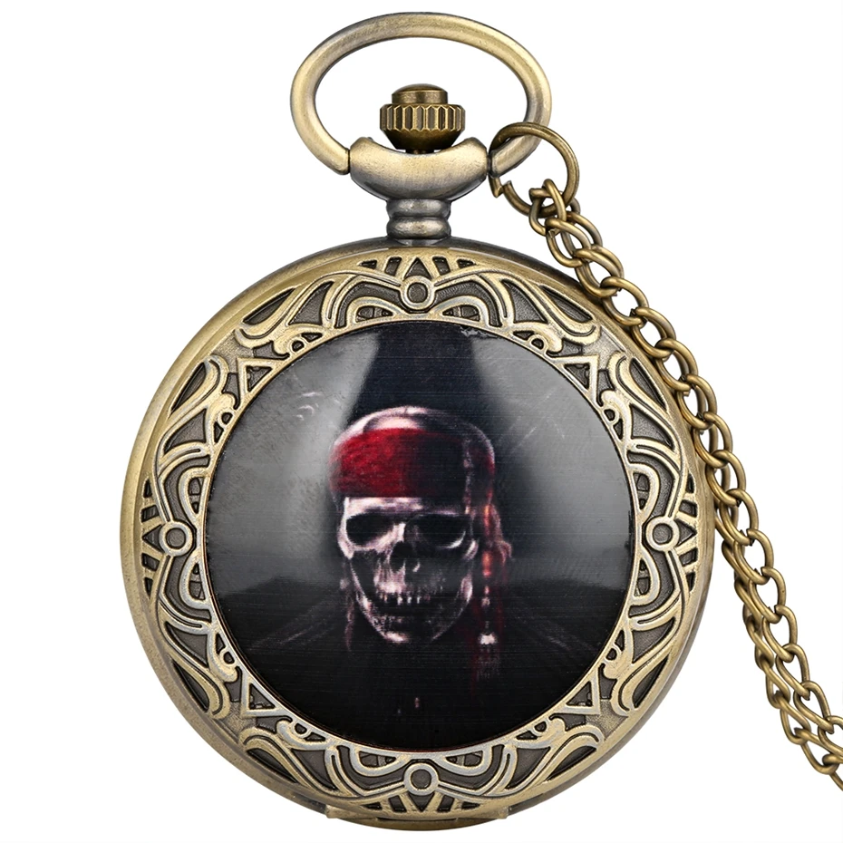 Pirates of the Caribbean Bronze Skull Pocket Watch High Quality Fob Watch With Chain Necklace Creative Quartz Pocket Watch Retro