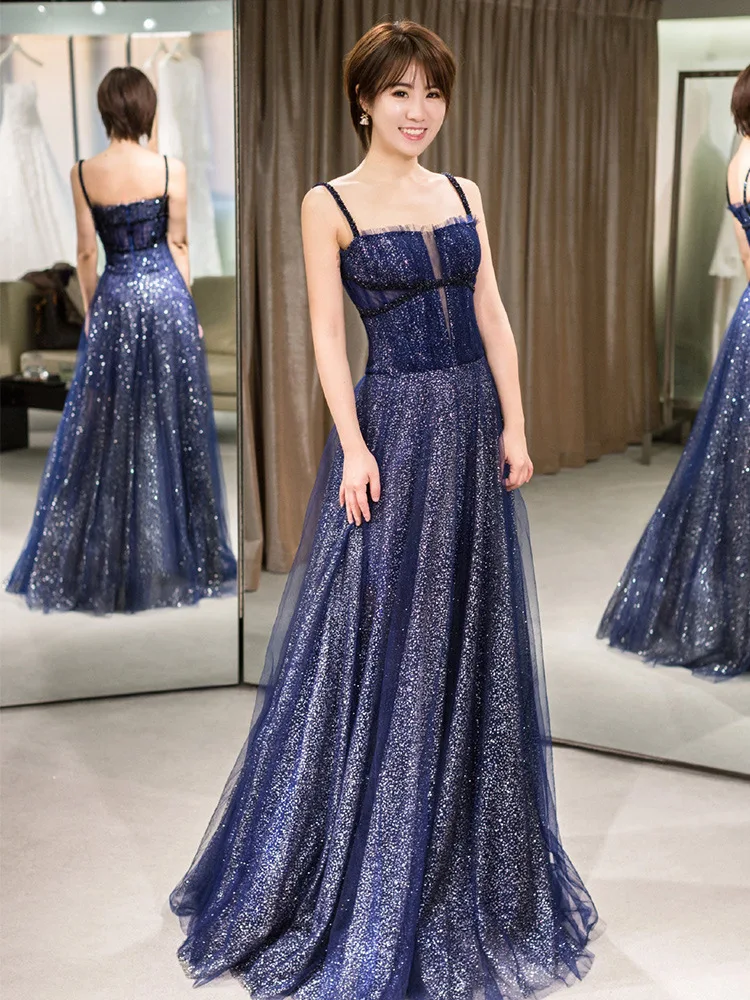 Banquet Noble Slim Evening Dress 2019 New Fashion Sexy Spaghetti Strap Sleeveless Sequins Prom Party Dress a Line Floor Length