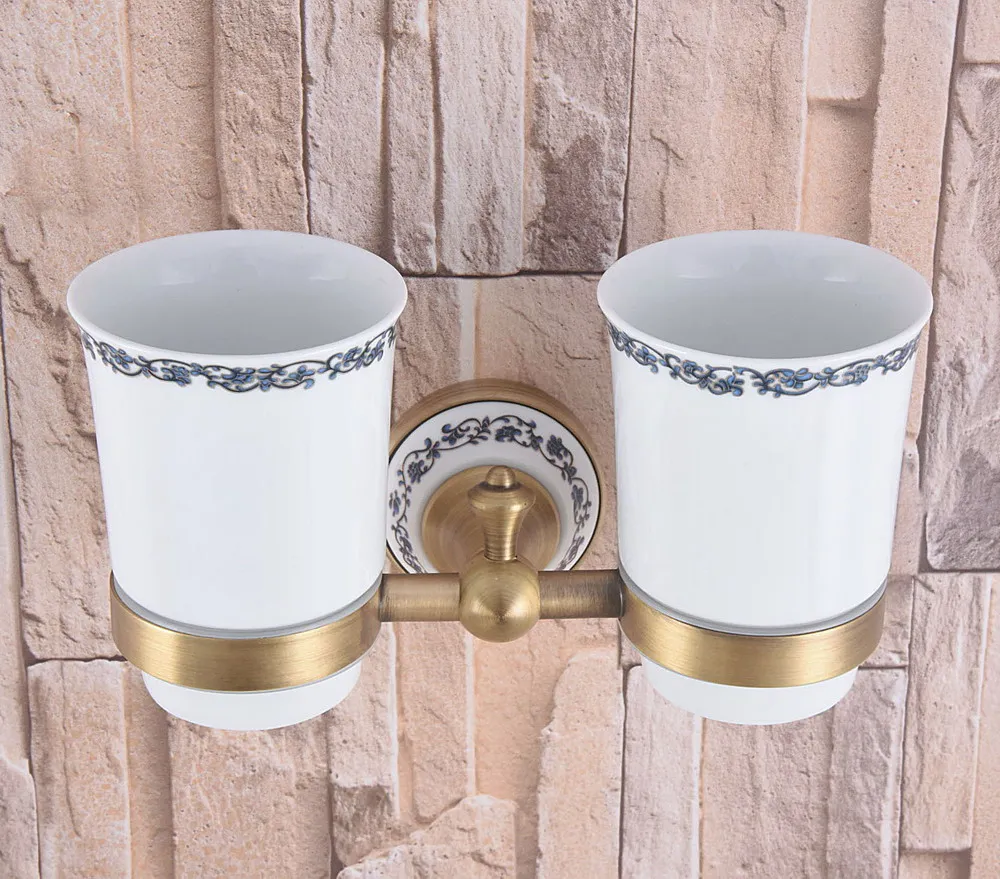 Classic Antique Brass Hotel Bathroom Wall Mount Double Lace Ceramic Cup/Base Toothbrush Holder 2ba782