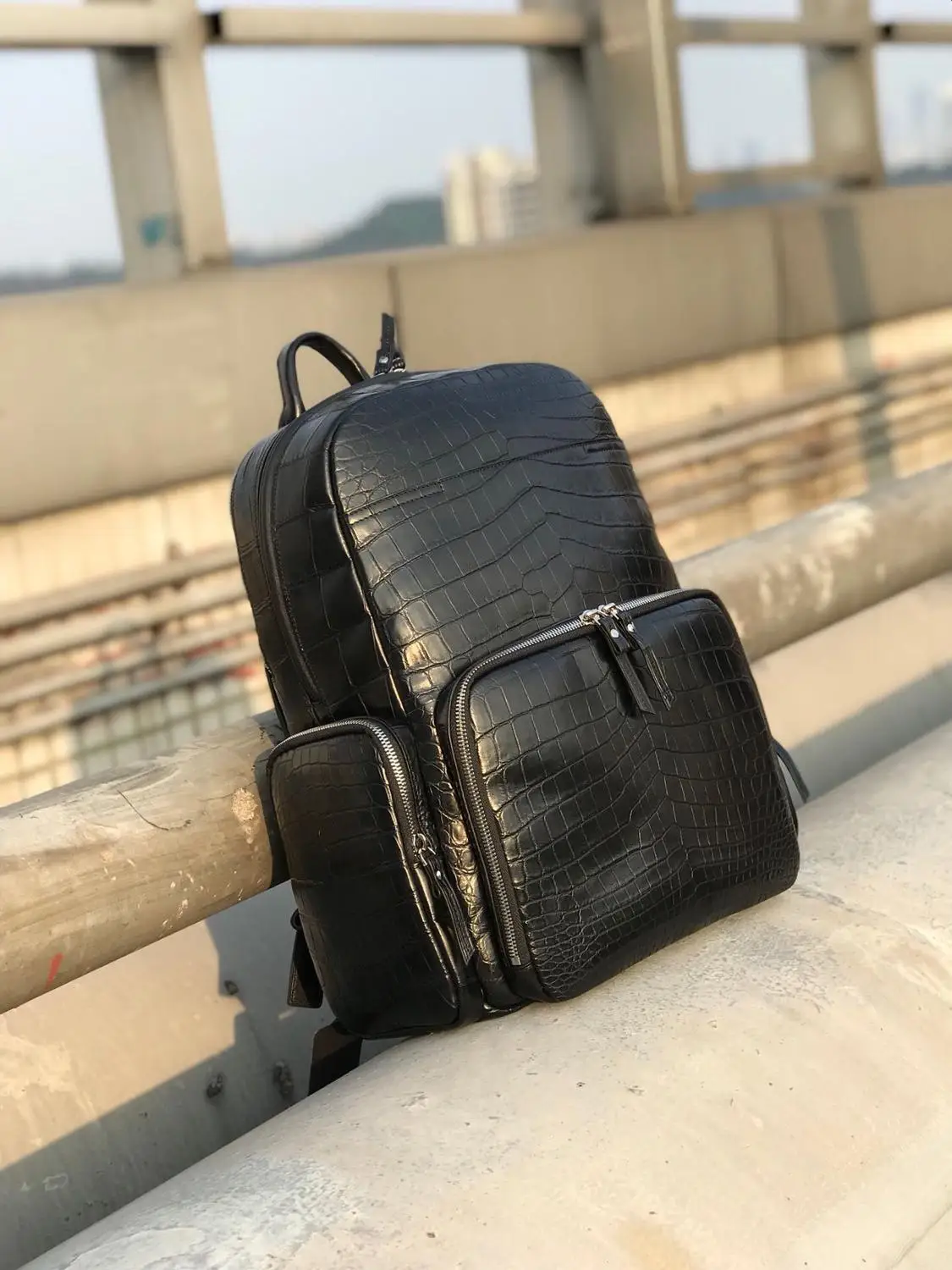 100% genuine real crocodile belly skin backpack bag matt water dyeing crocodile skin high end quality fashion backpack bag black