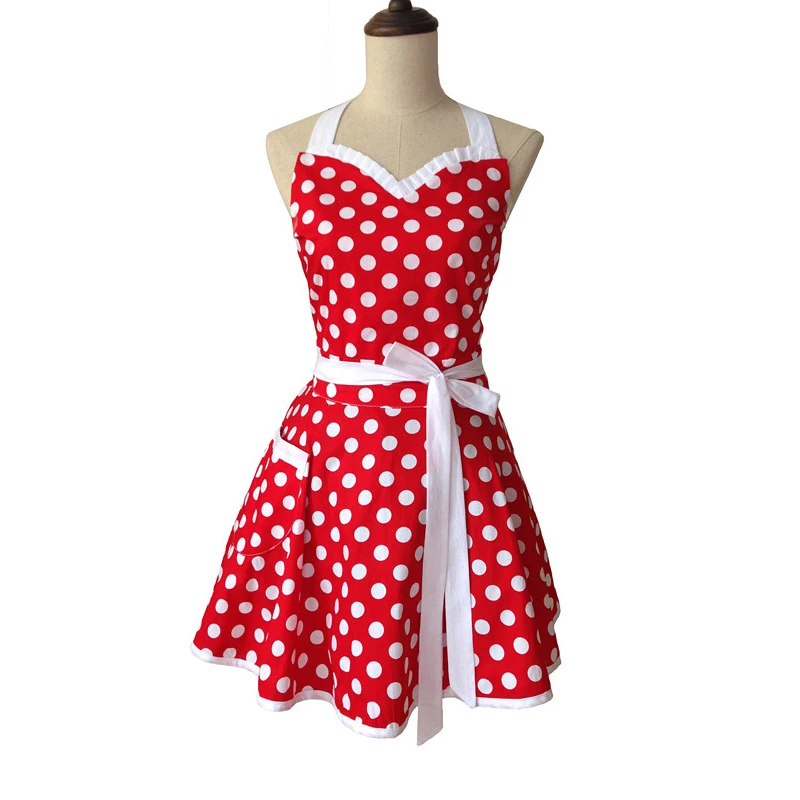 Bodecin Sweetheart Polka Dot Retro Kitchen Apron Woman Cotton Cooking Salon Avental de Cozinha Divertido Pinafore Apron Dress