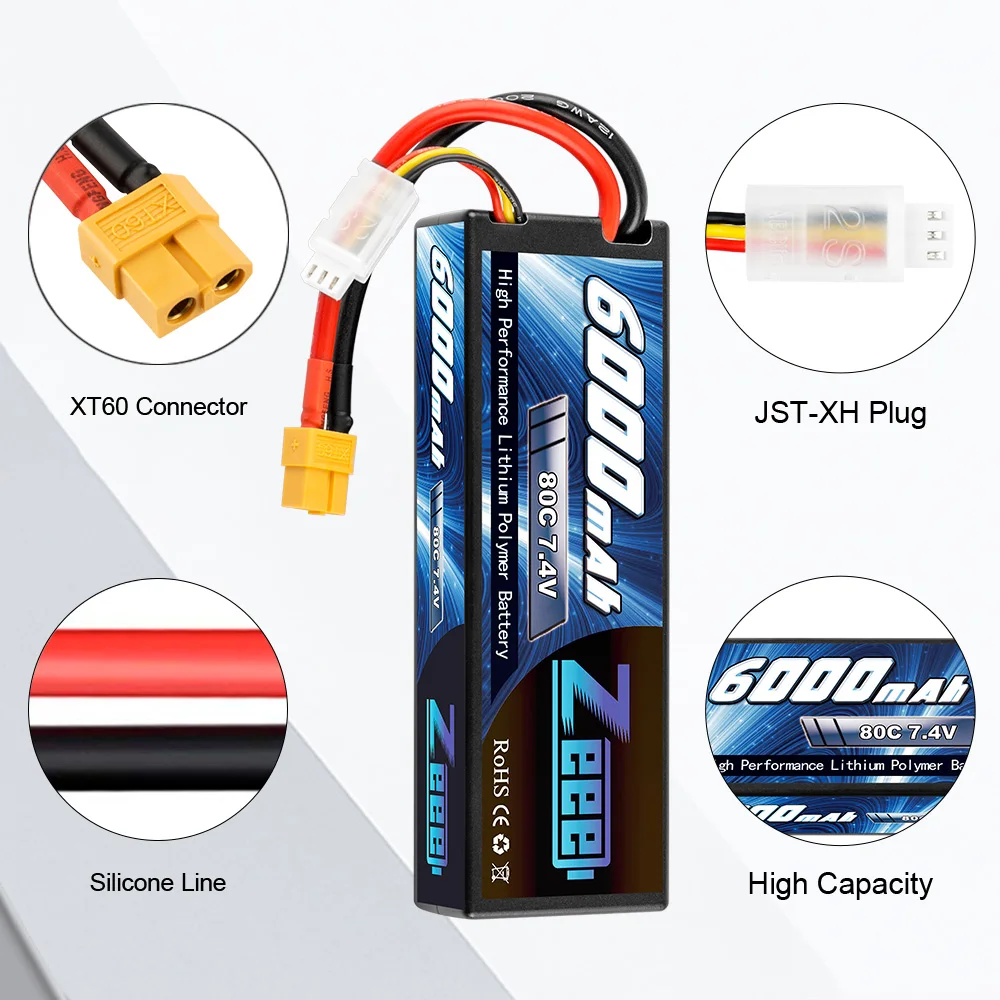 1/2Units Zeee LiPo Battery 2S 7.4V 6000mAh 80C XT60 Plug RC Parts Hardcase Lipo 2S for Airplanes RC Car Vehicle Truck Tank Boats