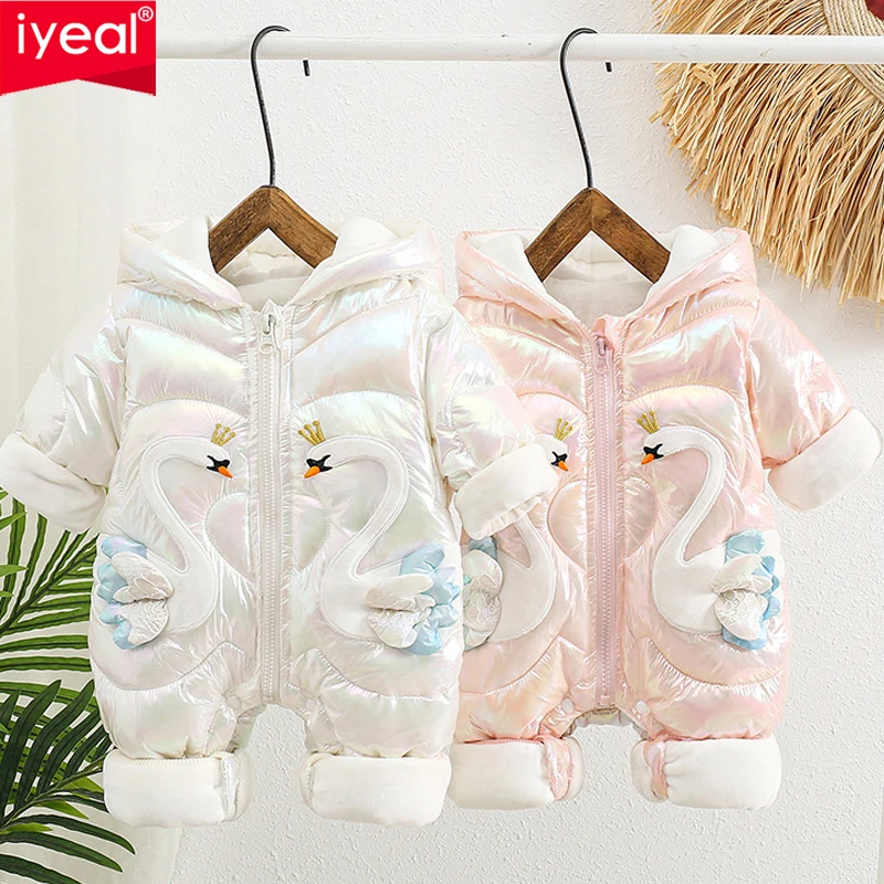 IYEAL Winter Baby Girl Rompers Warm Down Kids Girls Jumpsuit Swan Pattern Hooded Children Overalls Toddler Onesie Clothes Coats