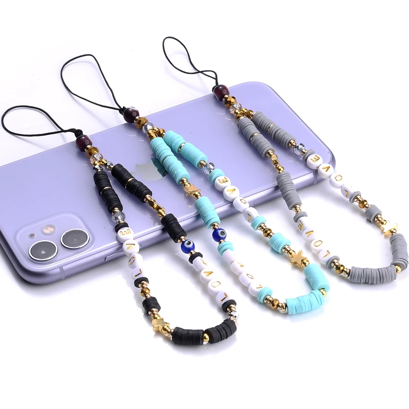 New Fashion Acrylic Letter Mobile Strap Lanyard Anti-Lost Telephone Jewelry Boho Black Polymer Clay Beads Mobile Phone Chain