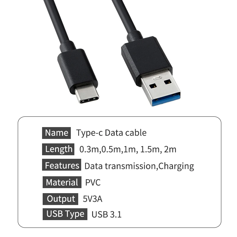 5V3A Type-c Cable USB 3.1 Data Cable PD 60W Fast Charge High Quality Black Wire Type c Mobile Phone Cord 0.3m 0.5m 1m 1.5m 2m