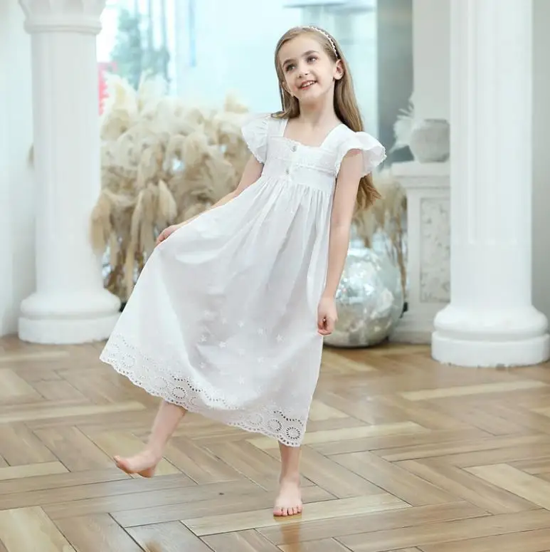 Summer new 100% cotton embroidery nightgowns  girls Square Collar Cutout sleep dress kids homeclothes 3-12Y ws1707