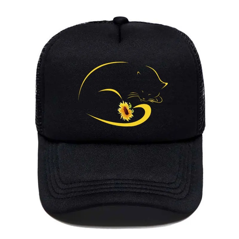 Lazy Cat Sunflowers Print Baseball Cap Casual Men Women Parent-child Hats Mesh Visor Outdoor Sun Hat Adjustable Caps