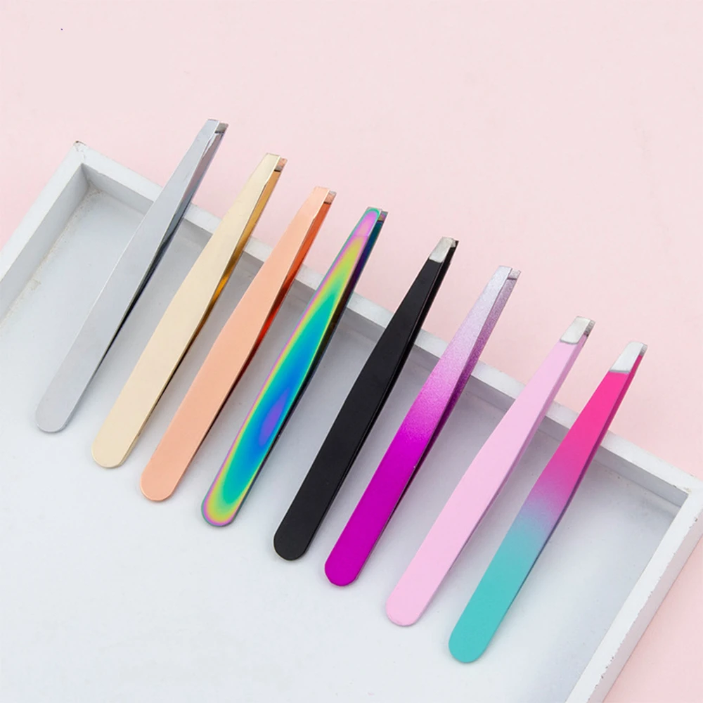 1PC Stainless Steel Eyelash Tweezers Slanted Flat Tip Multifunction Clip Facial Hair Remove Eyelash Tweezers Removal Makeup Tool