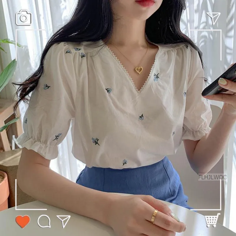 Cute Chic Tops Sweet Girls Holiday Date Wear Women Puff Sleeve Korea Japan Style Lolita Embroidery White Shirt Blouse Flhjlwoc