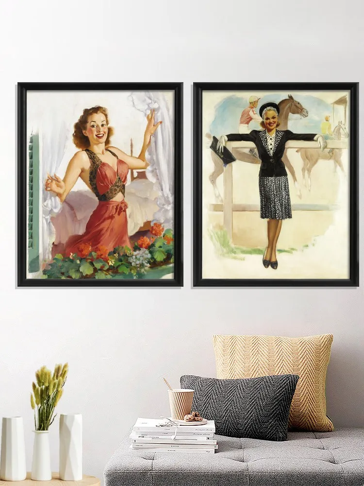 Elvgren Pin Up Friend Making Dog at Out Friends Poster, Miss Placed Miss Stepping Portrait, Room Home Prints Art, Silk Decor