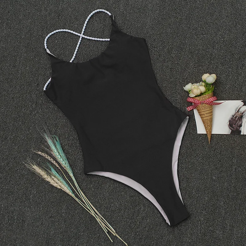 2019 Women Swimwear Sexy High Cut One Piece Swimsuit Backless Swim Suit Black White Knitting Thong Bathing Suit Female Monokini