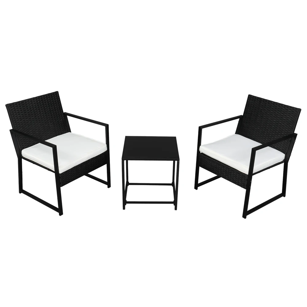 3-Piece Outdoor Furniture Set 1 Tempered Glass Coffee Table 2 PE Rattan Iron Polyester Cloth Sponge Exposed Flat Chair Black