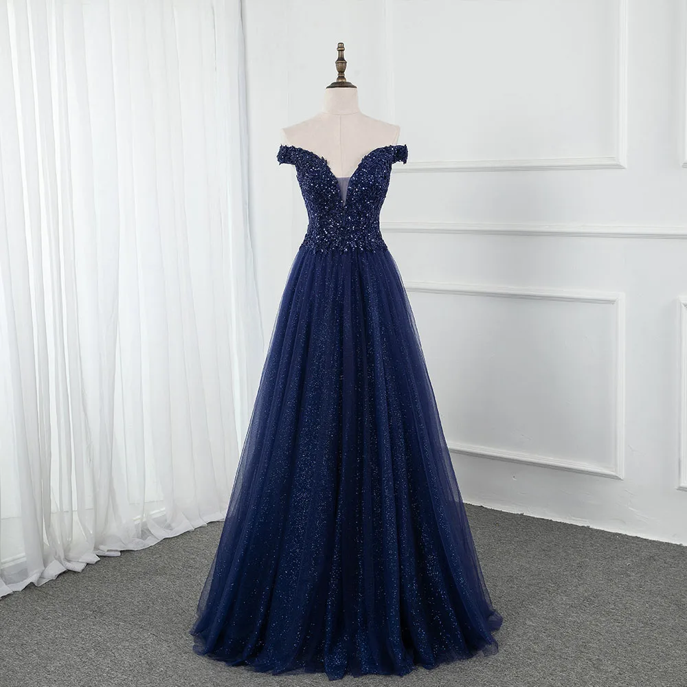 Gaun Prom Panjang Biru Navy YQLNNE Gaun Pesta Seksi Manik Applique Bahu Terbuka Gaun Malam Bagian Belakang Berenda Tulle Glitter