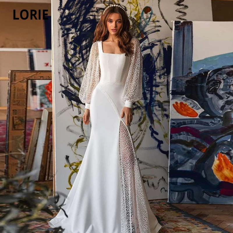 

LORIE New Arrival Mermaid Wedding Dresses Long Puff Sleeves Square Collar Wedding Gowns Custom Made Boho Modern Bridal Dress