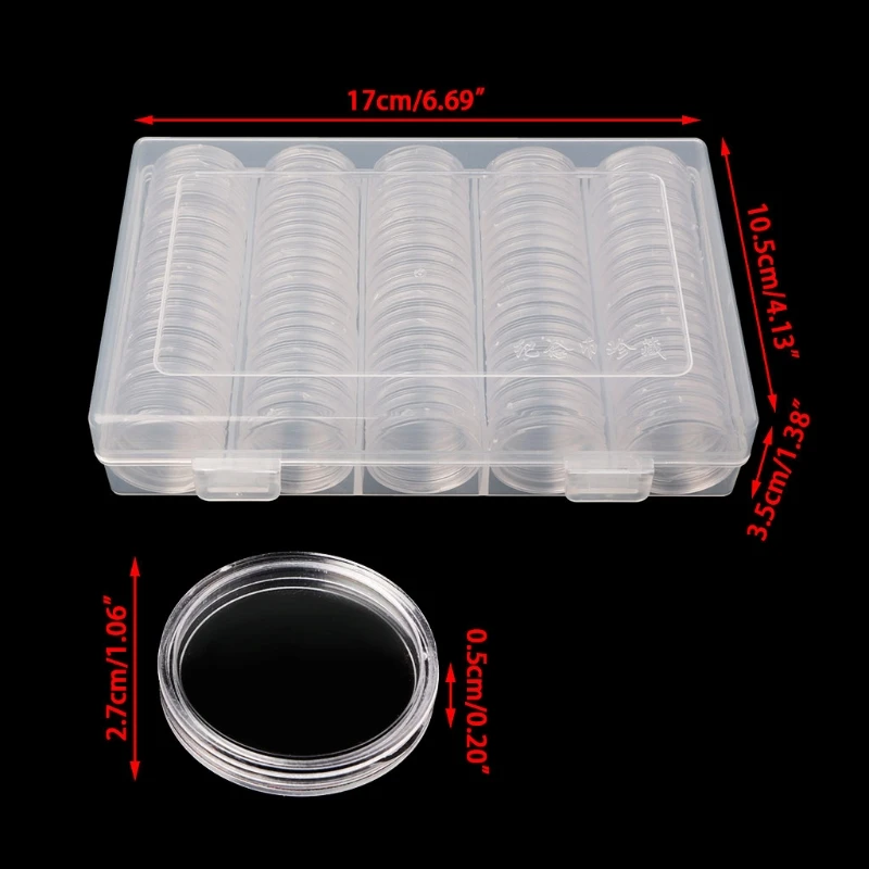 100 Pieces Round Coin Capsules 27mm Round Holder and Protect Case with Plastic Storage Organizer Box for Coin Collection Supplie