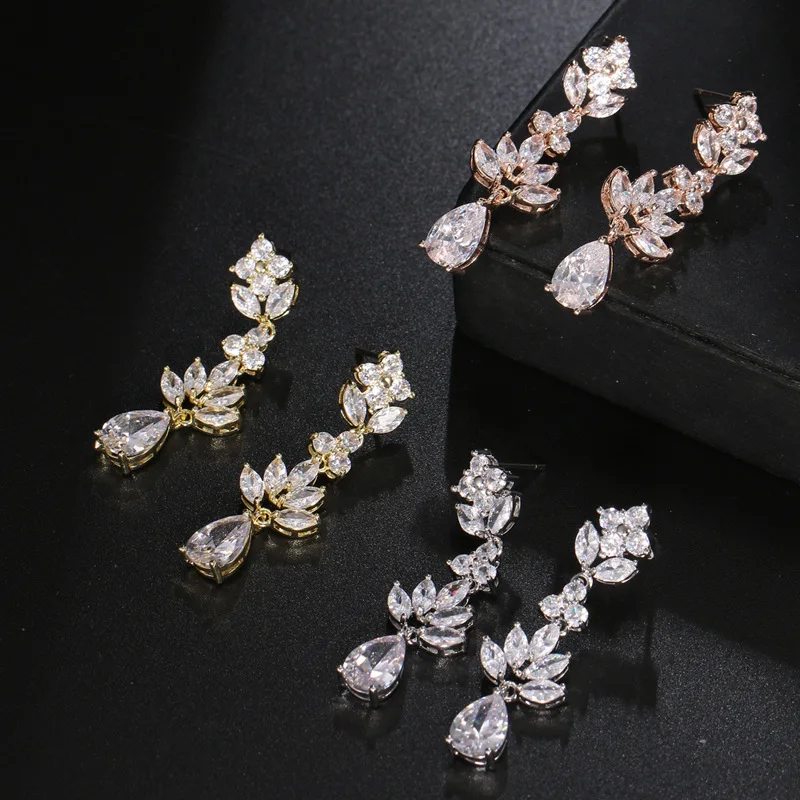 Ekopdee Luxury Exquisite Marquise Flower Earrings For Women New Zircon Drop Earrings Bride Wedding Jewelry Pendientes