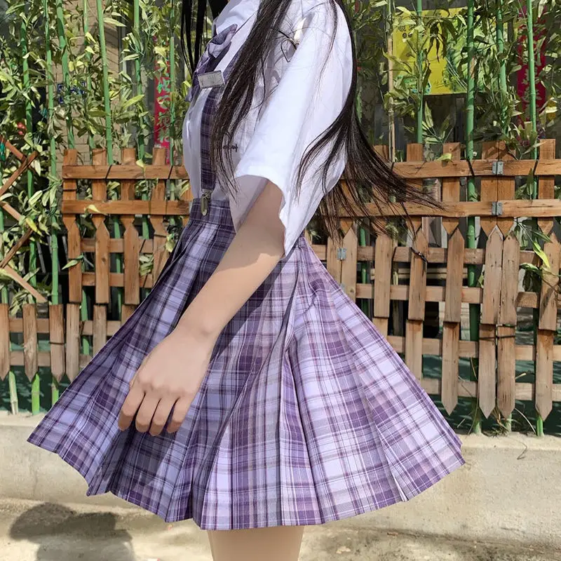 2021 japonês escola jk uniforme de duas peças conjunto de camisas brancas + roxo xadrez mini saia estilo preppy enviar laço 3 peça conjunto