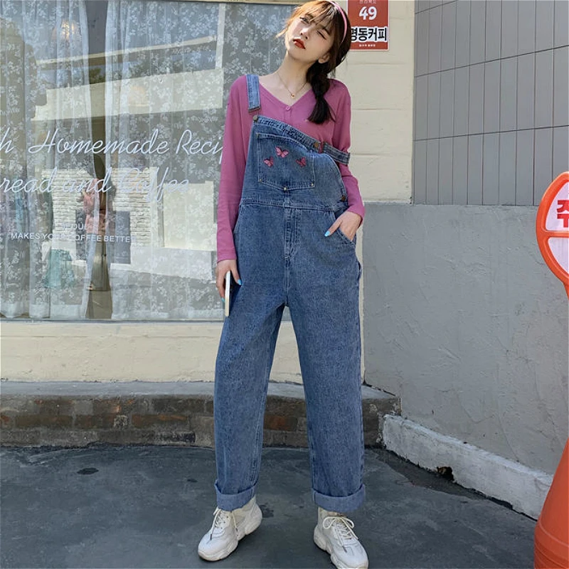 Jumpsuit Wanita Chic Kupu-kupu Bordir Korea Retro Denim Lurus Pinggang Tinggi Pakaian Wanita Saku Trendi Gadis Streetwear