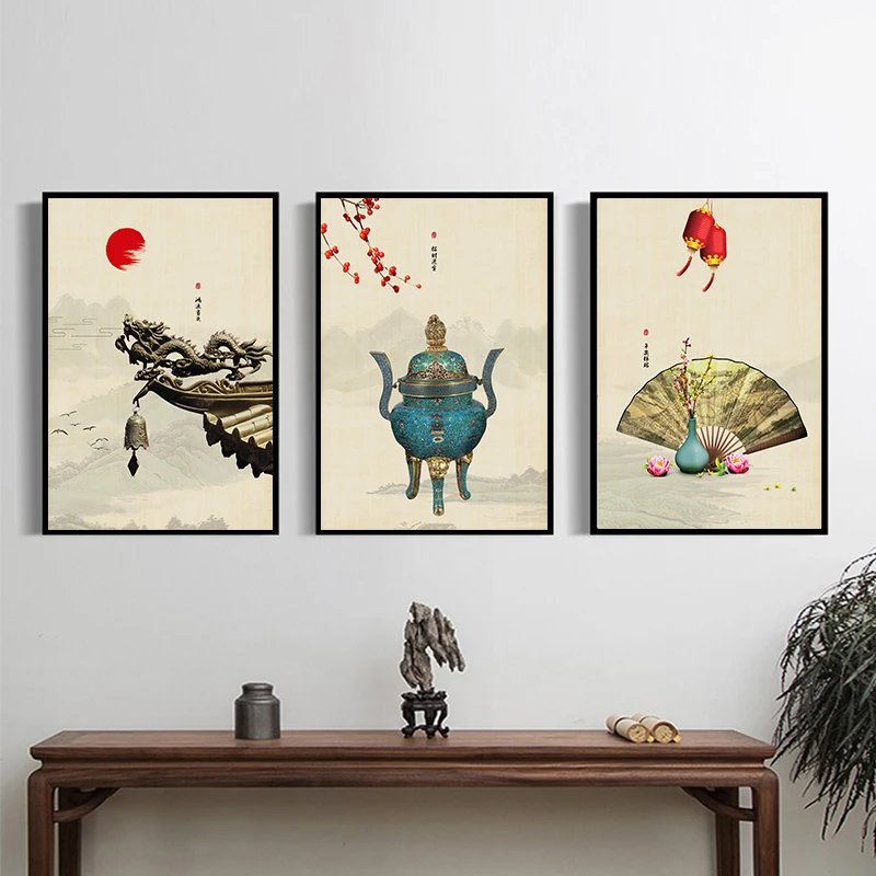 New Chinese Style Fan and Tripod Ink Paintings Ancient Building Wall Art Print Picture Canvas Painting Poster for Living Room