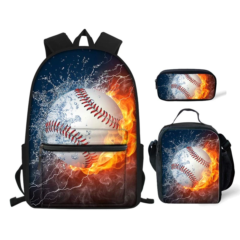 ELVISWORDS Student Sport Rucksack Set Teenager Laptop Rucksäcke Eis Feuer Baseball Gedruckt Kinder Schule Taschen für Jungen Buch Tasche