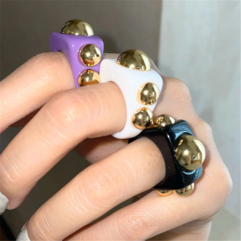 Exaggerated Square Acrylic Ring with Rivet Decor Wide Geometric Finger Rings for Women Korean Popular Trendy Jewelry Wholesale