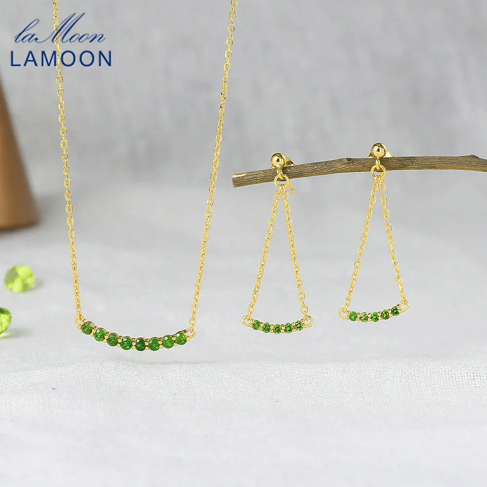 

LAMOON Vingate 925 Silver Jewelry Set For WomenNatural Mini Diopside Gemstone 14K Gold Plated Wedding Engagement Jewelry V078