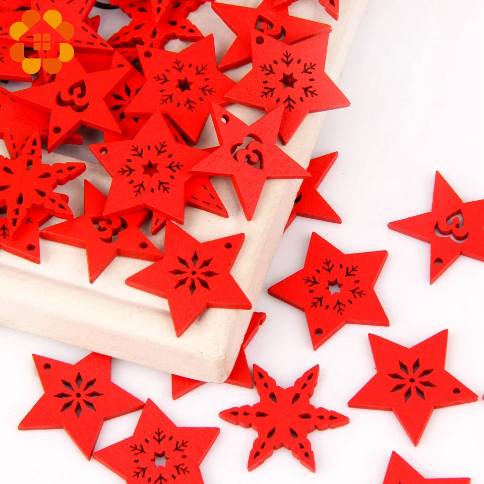 50PCS/lot Multi Colorful Christmas Series Wood Chip Pendant Christmas Tree Decorations Star Heart Snowflake XMAS Ornaments Decor