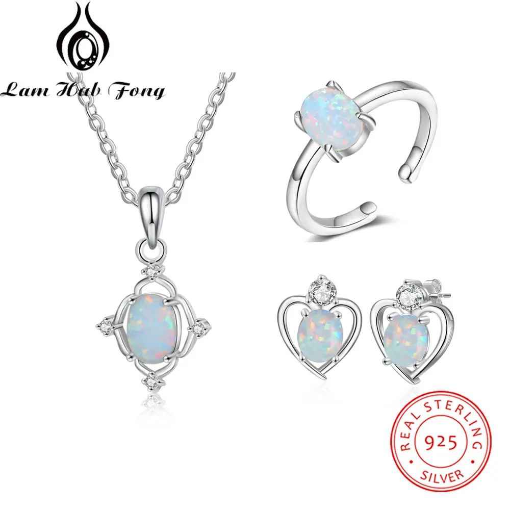 Bridal Jewelry Sets 925 Sterling Silver White Oval Opal Earrings Necklaces Open Rings Women Engagement Jewelry (Lam Hub Fong)