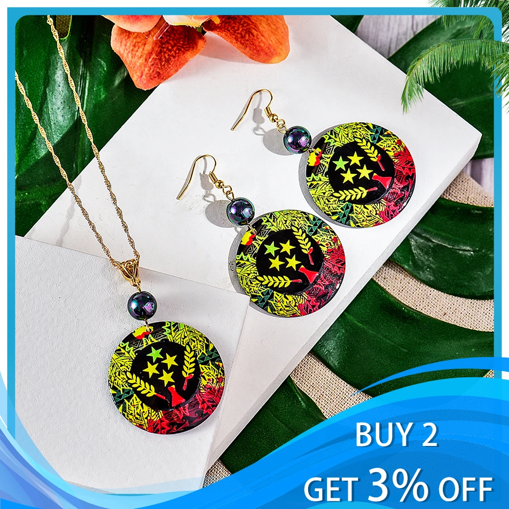 Cring Coco National Flag Pendant Necklace Set Fashion Polynesian Hawaiian Earing Acrylic Round Holiday Jewelry Sets for Women