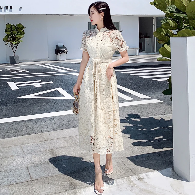 A-Line Embroidery Lace Spring Party Short Sleeve 2021 Dress Runway Elegant Dresses Women Vintage High Waist Boho Autumn Vestido