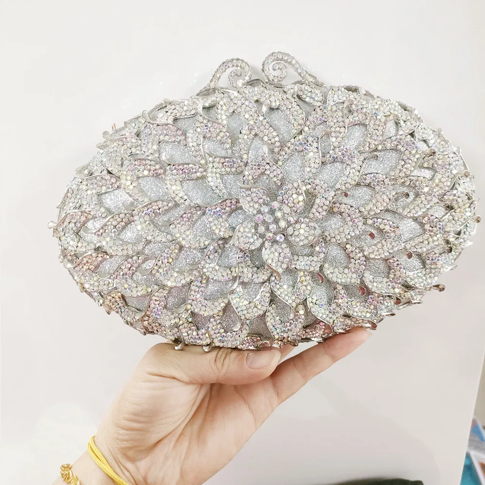 

DG PEAFOWL Dazzling Silver Flower Women Crystal Clutch Evening Bags Hollow Out Wedding Party Shoulder Handbag and Purse