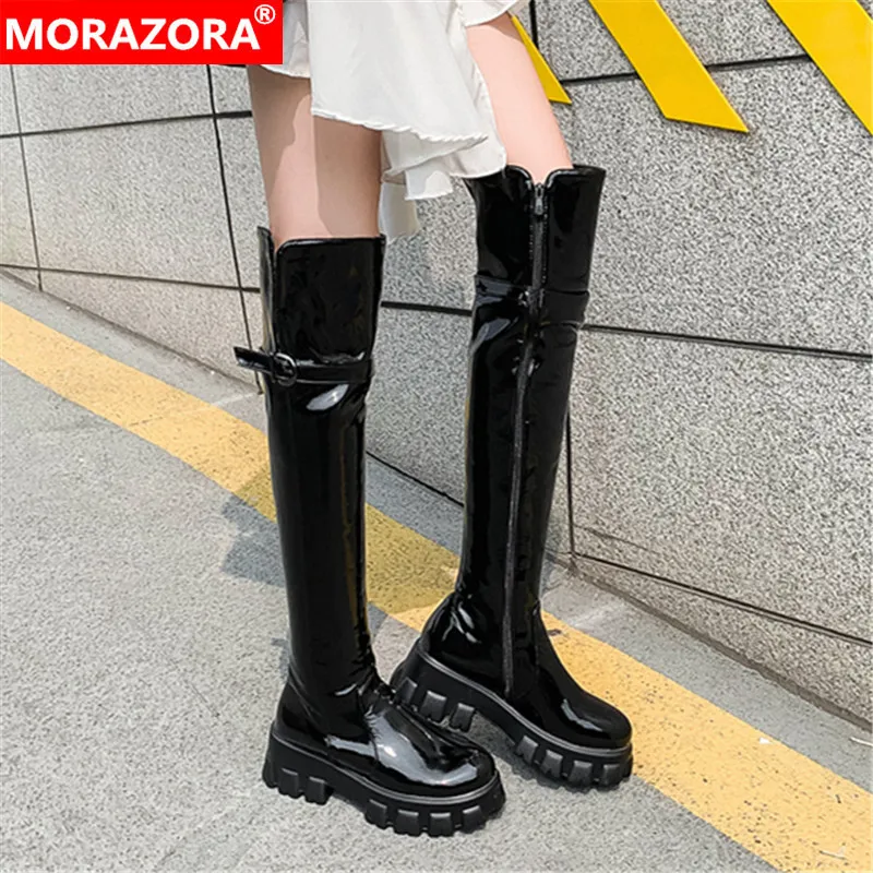 MORAZORA 2024 Large size 33-46 winter keep warm over the knee boots fashion patent leather buckle black color women boots