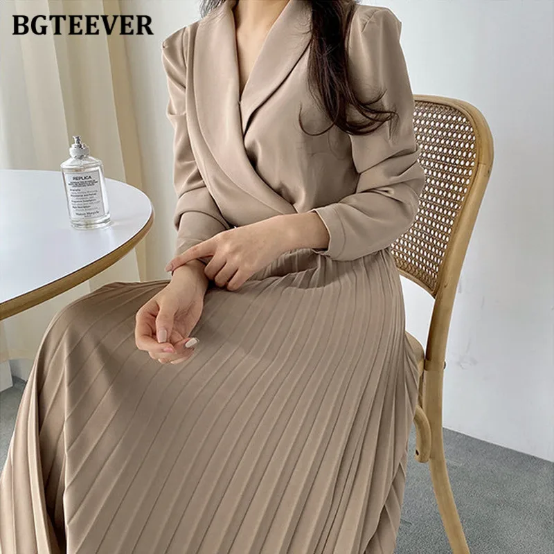 BGTEEVER Spring Chic Ladies Pleated Dress Elegant Lapel Women Mid-length Vestidos Long Sleeve Belted Summer Female Dress 2021