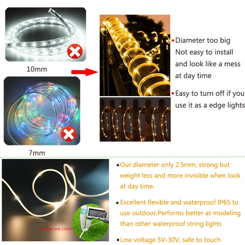 Außen String Lichter 10M 100LED Batterie USB Solar Power LED Seil Rohr Lichter Für Terrasse Ostern Weihnachten Party Hochzeit urlaub