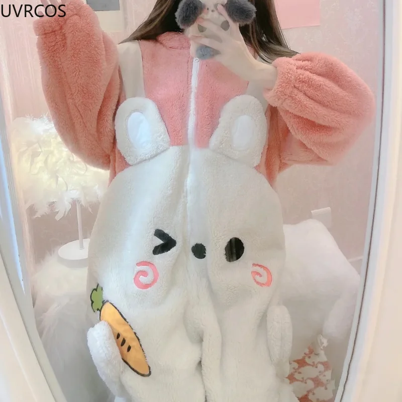 Cute Conjoined Pajamas For Women Warm Coral Fleece Cartoon Bear Ears Hooded Sleepwear Girly Kawaii Home Clothes Full Body Pajama