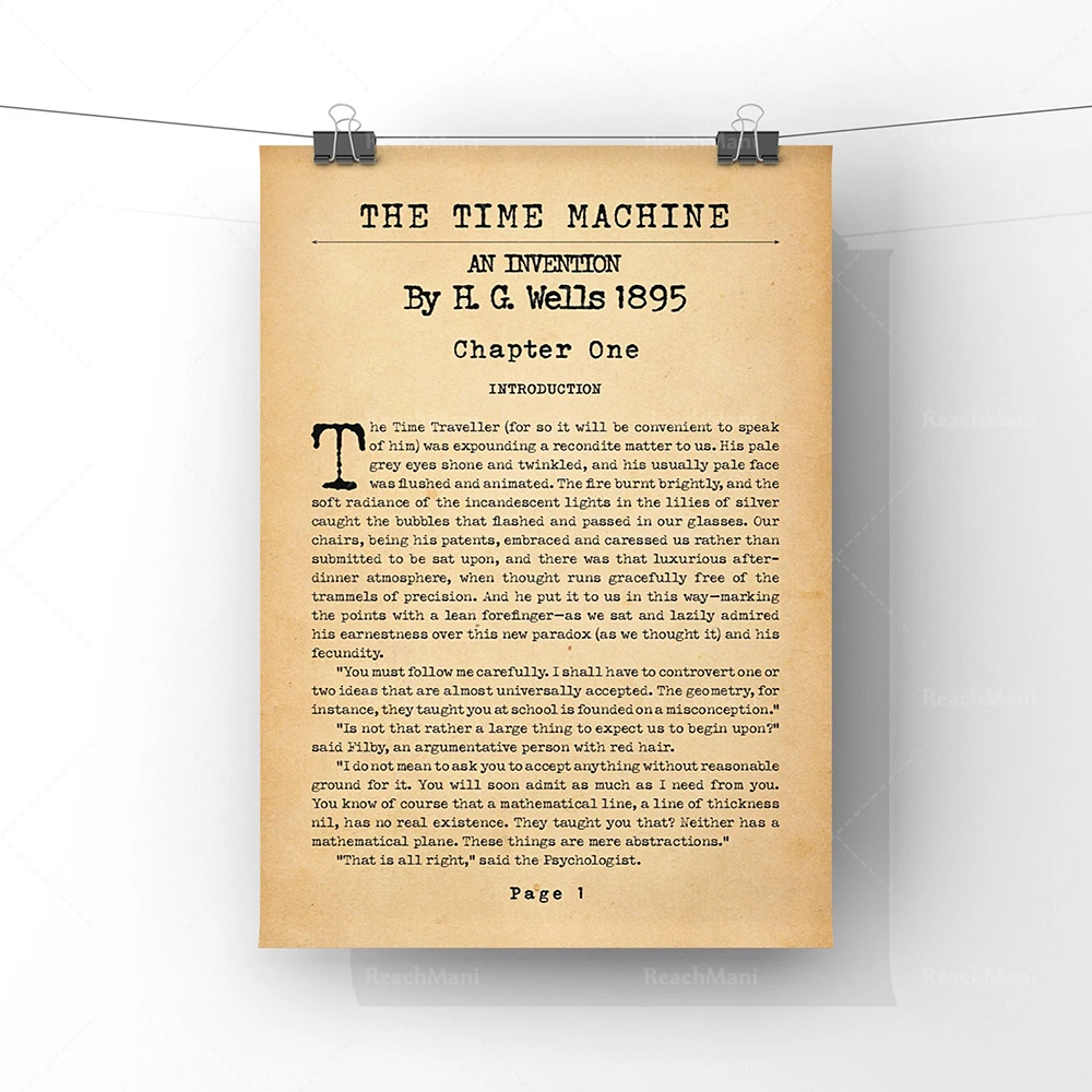 HG Wells novel page print, classic time travel poster wall art office home decor